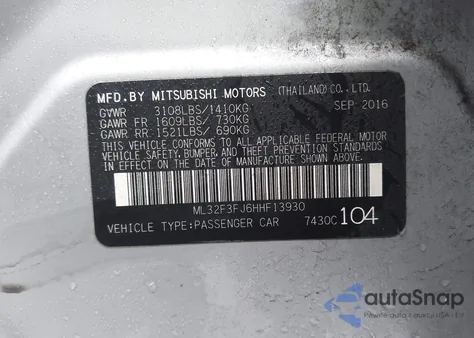 2017 Mitsubishi Mirage G4 Es из США, поврежденный, VIN ML32F3FJ6HHF13930